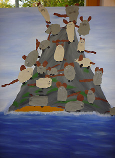 Gemeinschaftsarbeit/ Collage: Mats und die anderen Mäuse auf ihrer Felseninsel